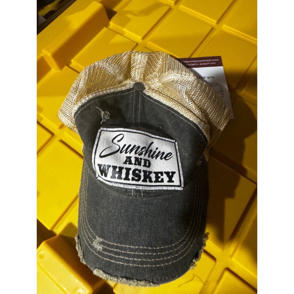 Sunshine and Whiskey Trucker Hat Headmost Black Tan Distressed Mesh Snapback